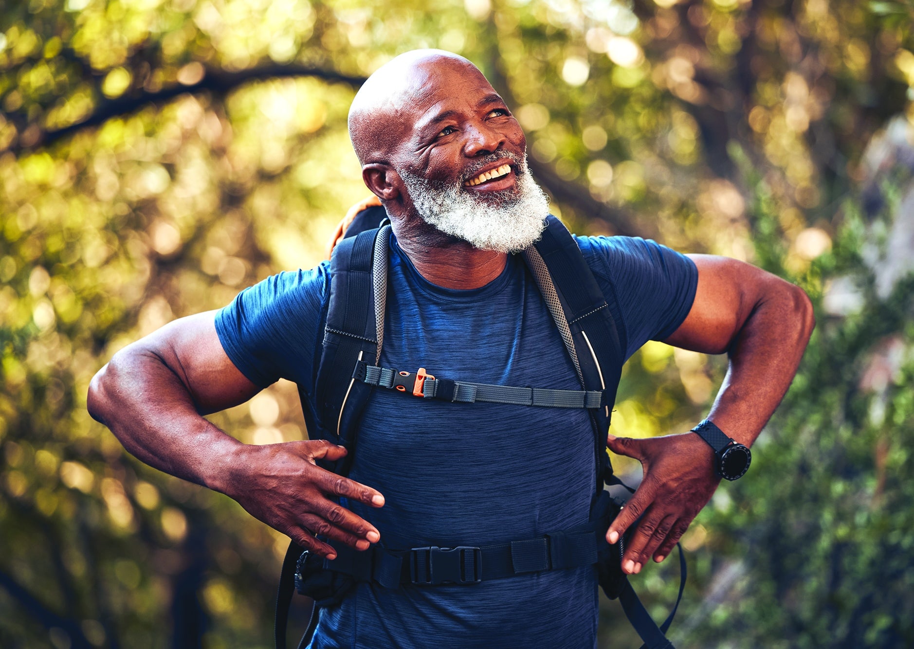 Fitness, Hiking And Black Man Backpacking In Nature In A Forest For ...